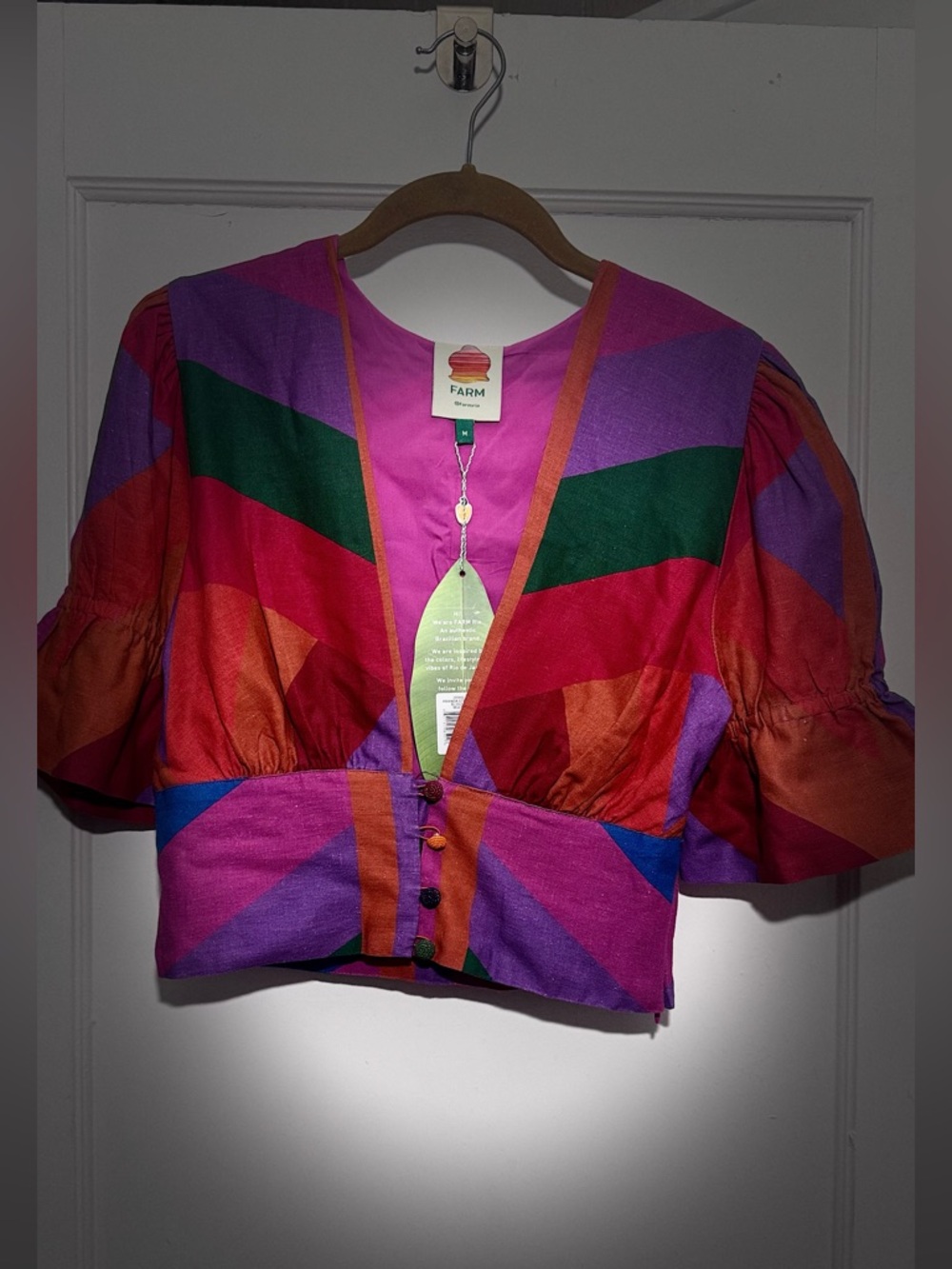 FARM Rio NWT Amanda Stripes cropped beaded button colorful geometric print M